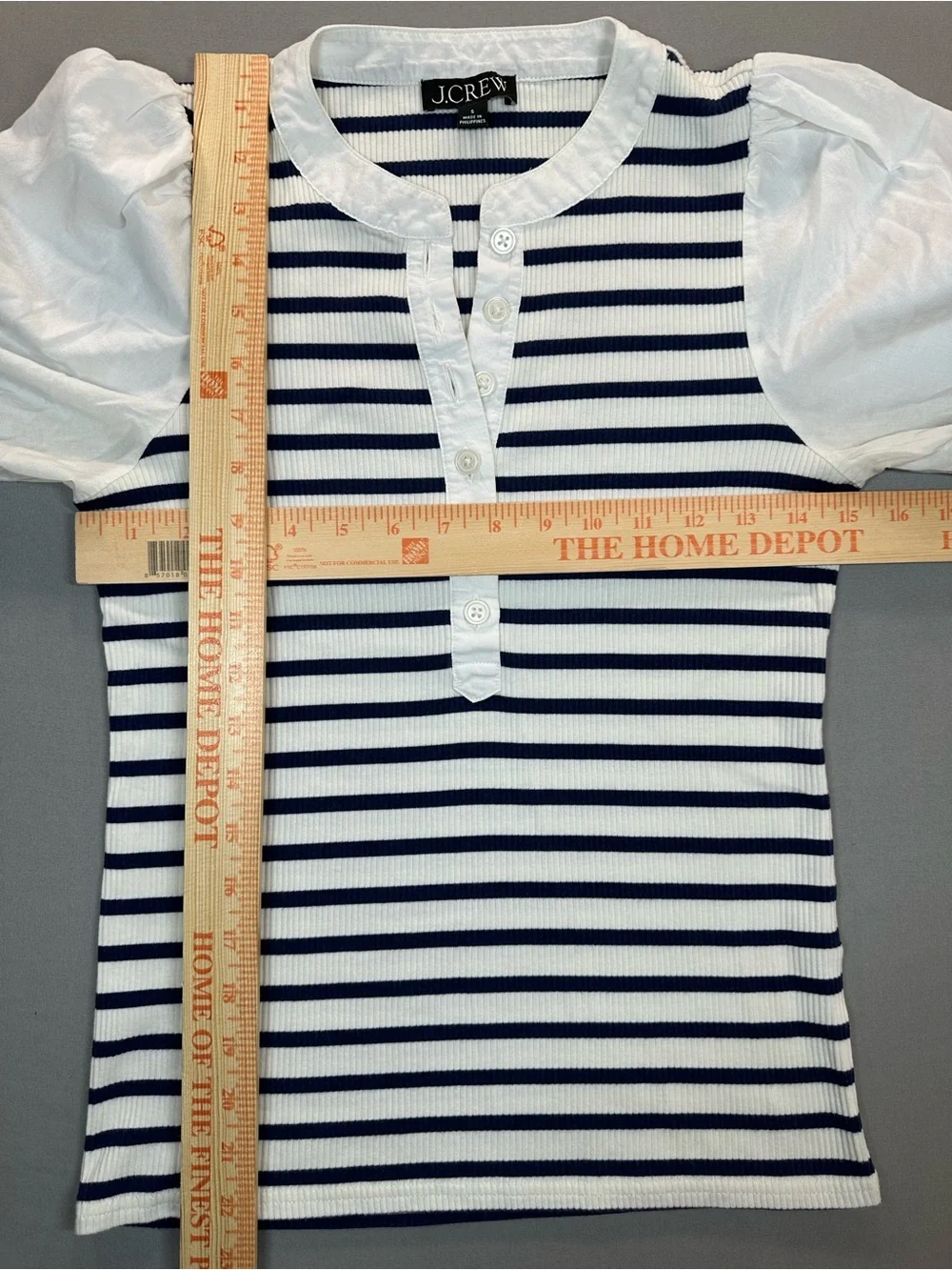 J. Crew Vintage Rib Puff-Sleeve Henley, Navy/White Stripes - Womens Small